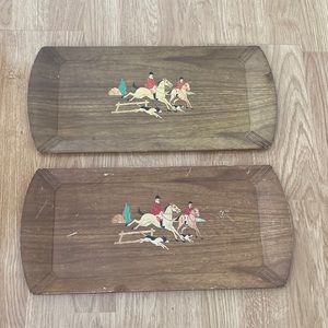 Vtg Hasko Wood Lap Trays with Lithograph Equestrian Print Design